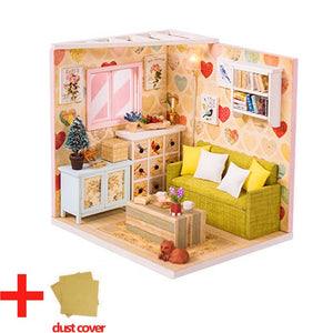 Doll House Furniture DIY Miniature Model Dust Cover 3D Wooden Dollhouse Christmas Gifts Toys For Children Kitten Diary H013 #E
