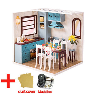 Doll House Furniture DIY Miniature Model Dust Cover 3D Wooden Dollhouse Christmas Gifts Toys For Children Kitten Diary H013 #E