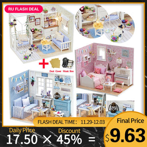 Doll House Furniture DIY Miniature Model Dust Cover 3D Wooden Dollhouse Christmas Gifts Toys For Children Kitten Diary H013 #E
